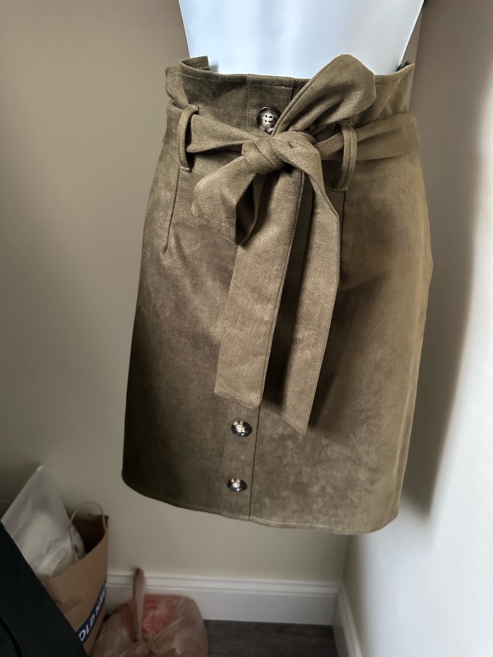 High-Waist Olive Green Tie-Belt Suede Skirt